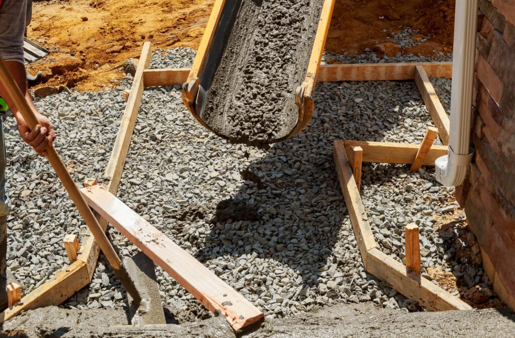 Building new concrete pavement for paving walkway.